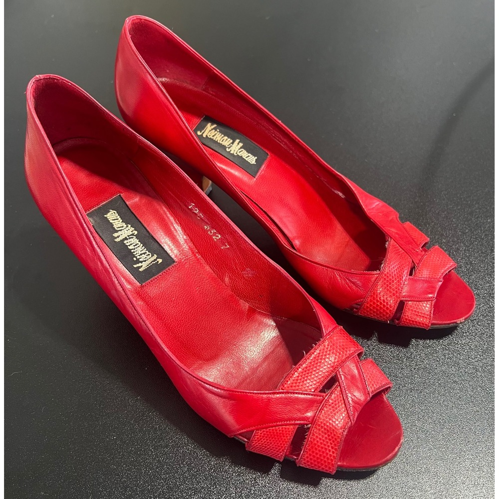 Neiman Marcus Vintage Red Leather Peep Toe Kitten Heels Snakeskin Lattice 7
